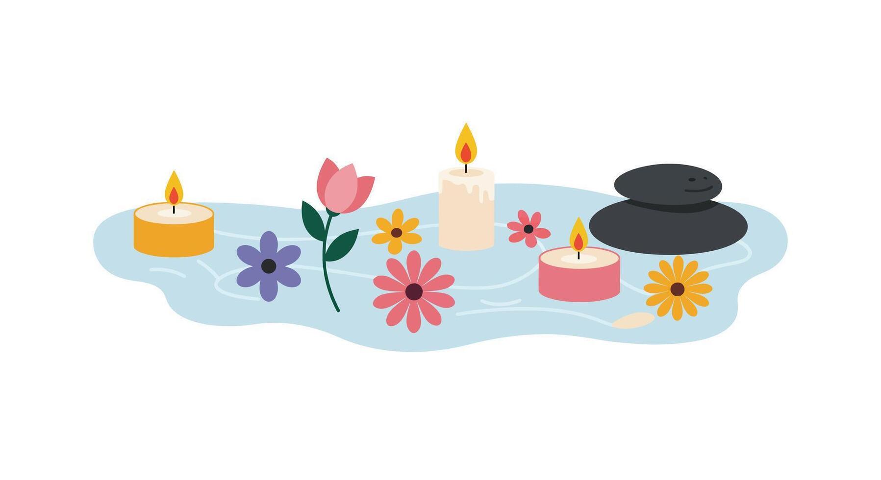 Floating candles and flowers in calming water flat illustration vector