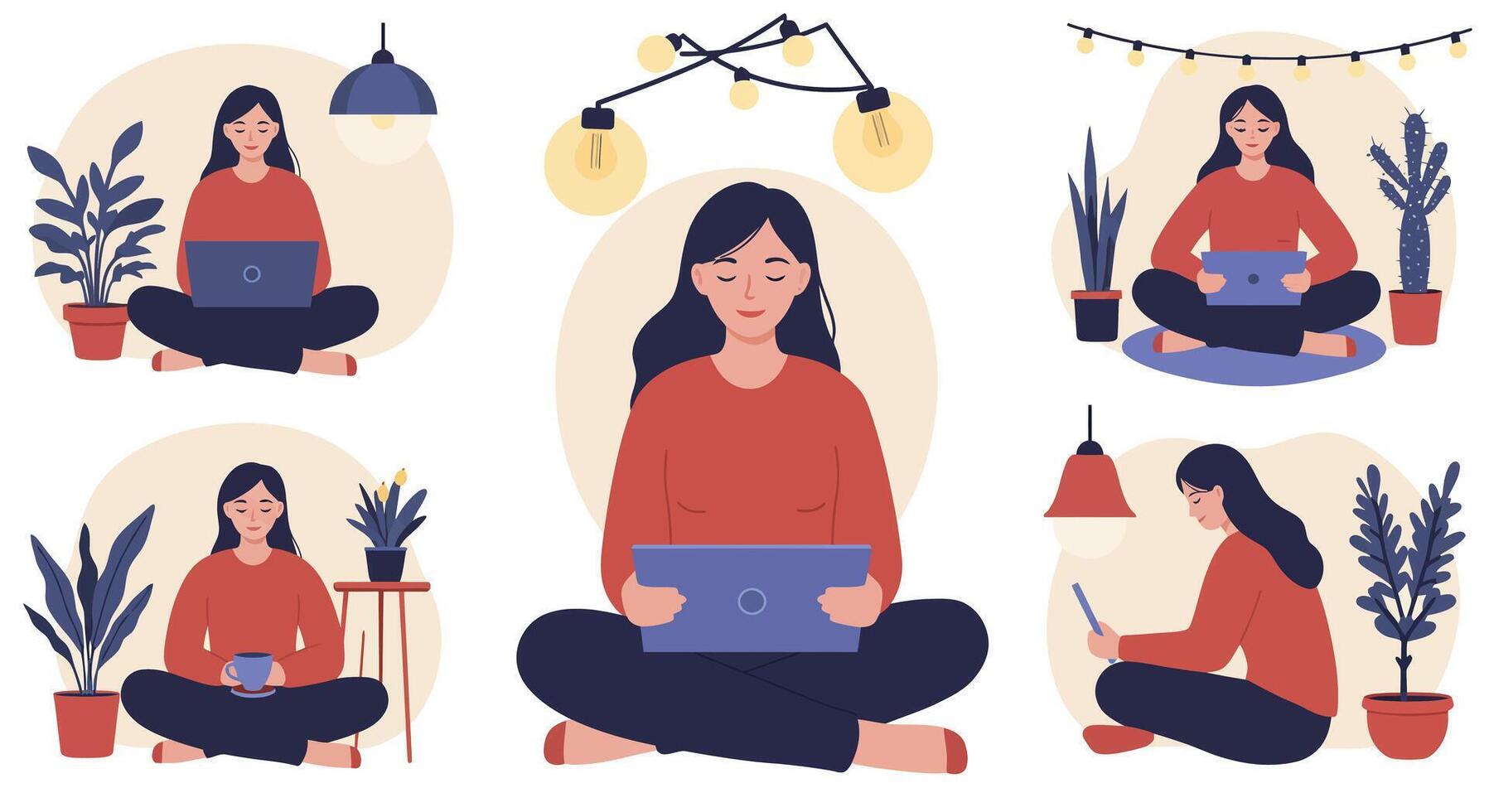 Woman working on laptop in various poses with plants, flat illustration vector