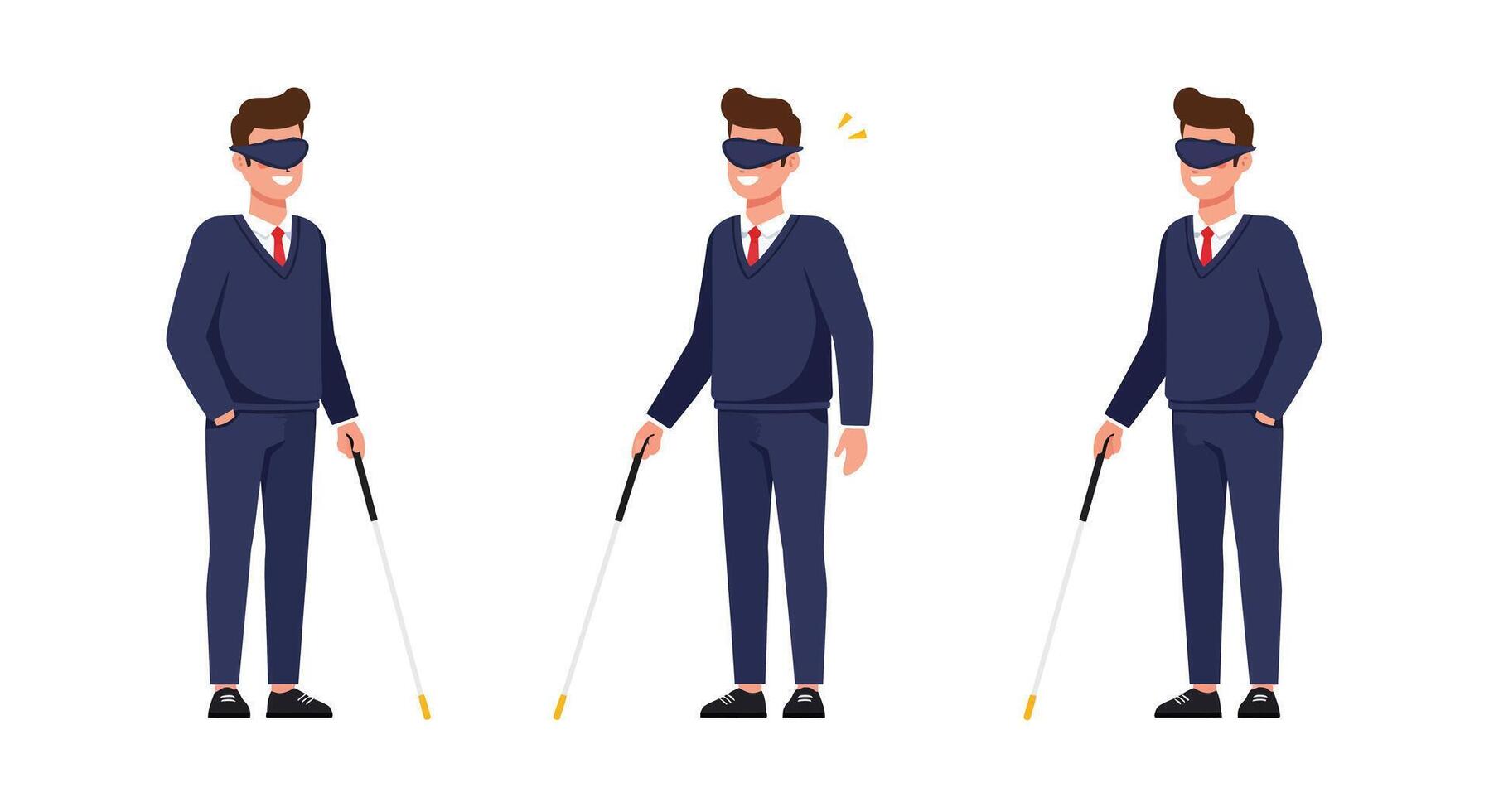 Blindfolded man navigating with cane in flat art style vector