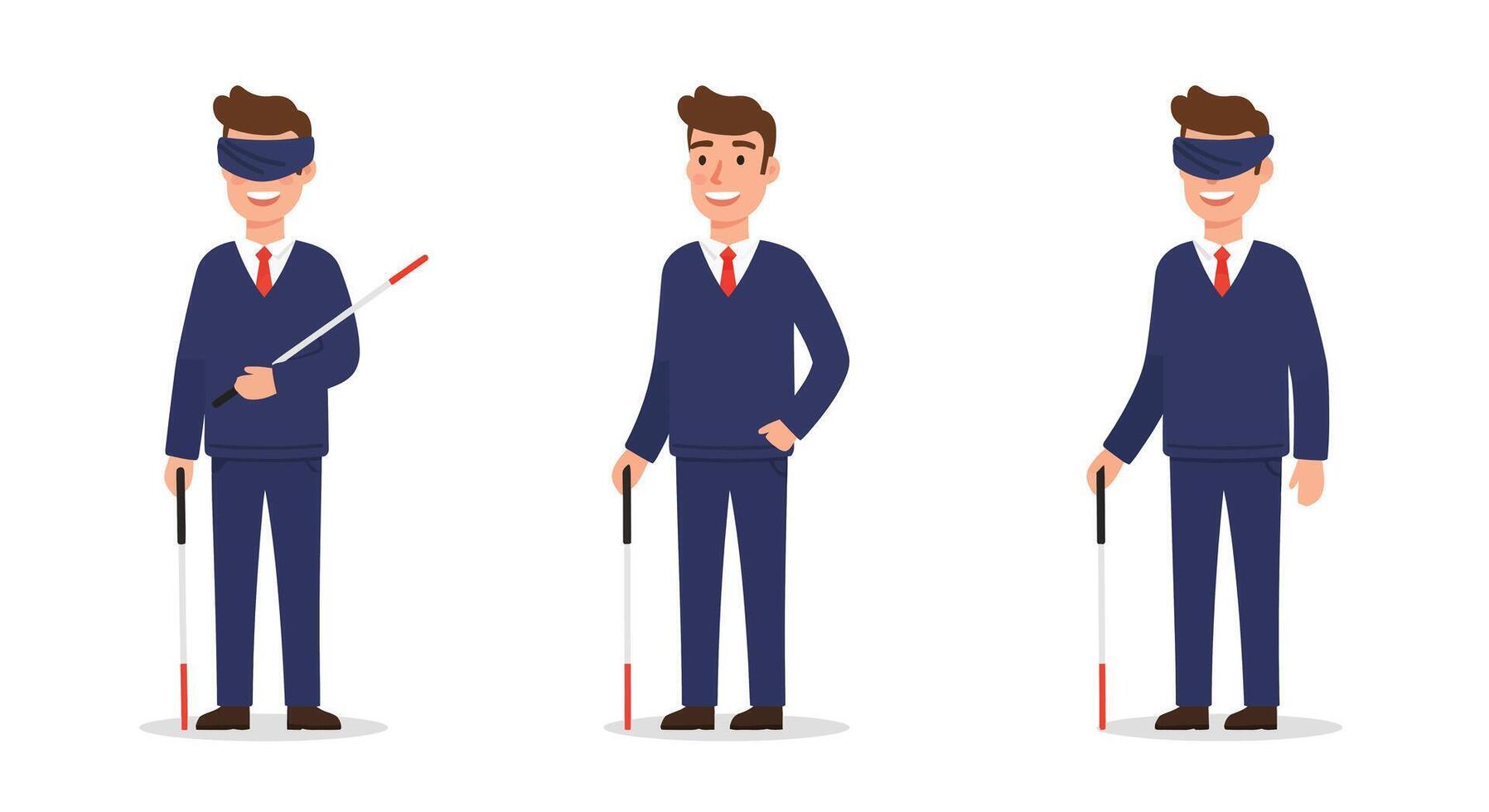 Blind man using cane in flat design illustration style showcasing three different frames vector