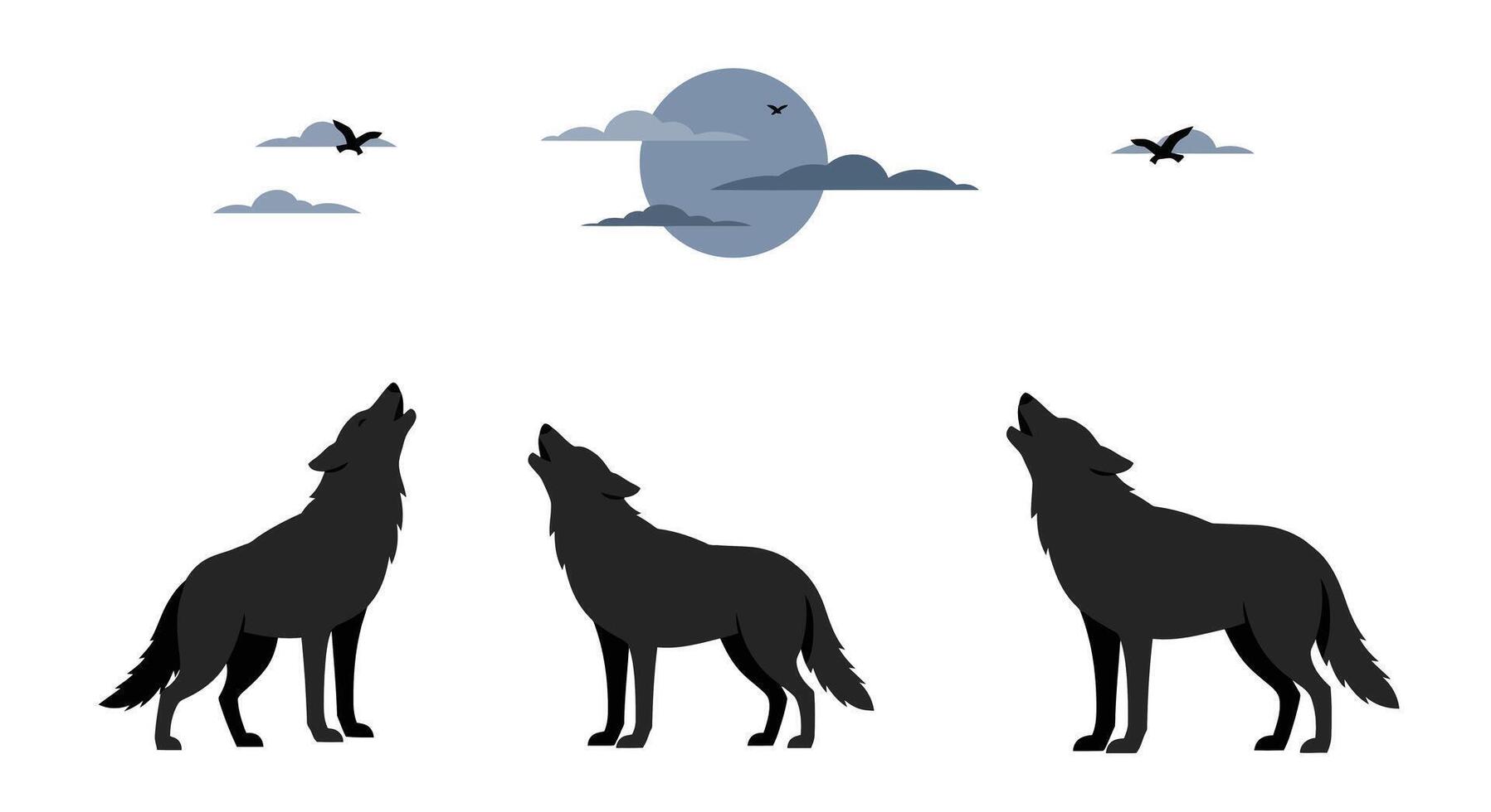 Howling wolves silhouette in flat style with moon and clouds art vector