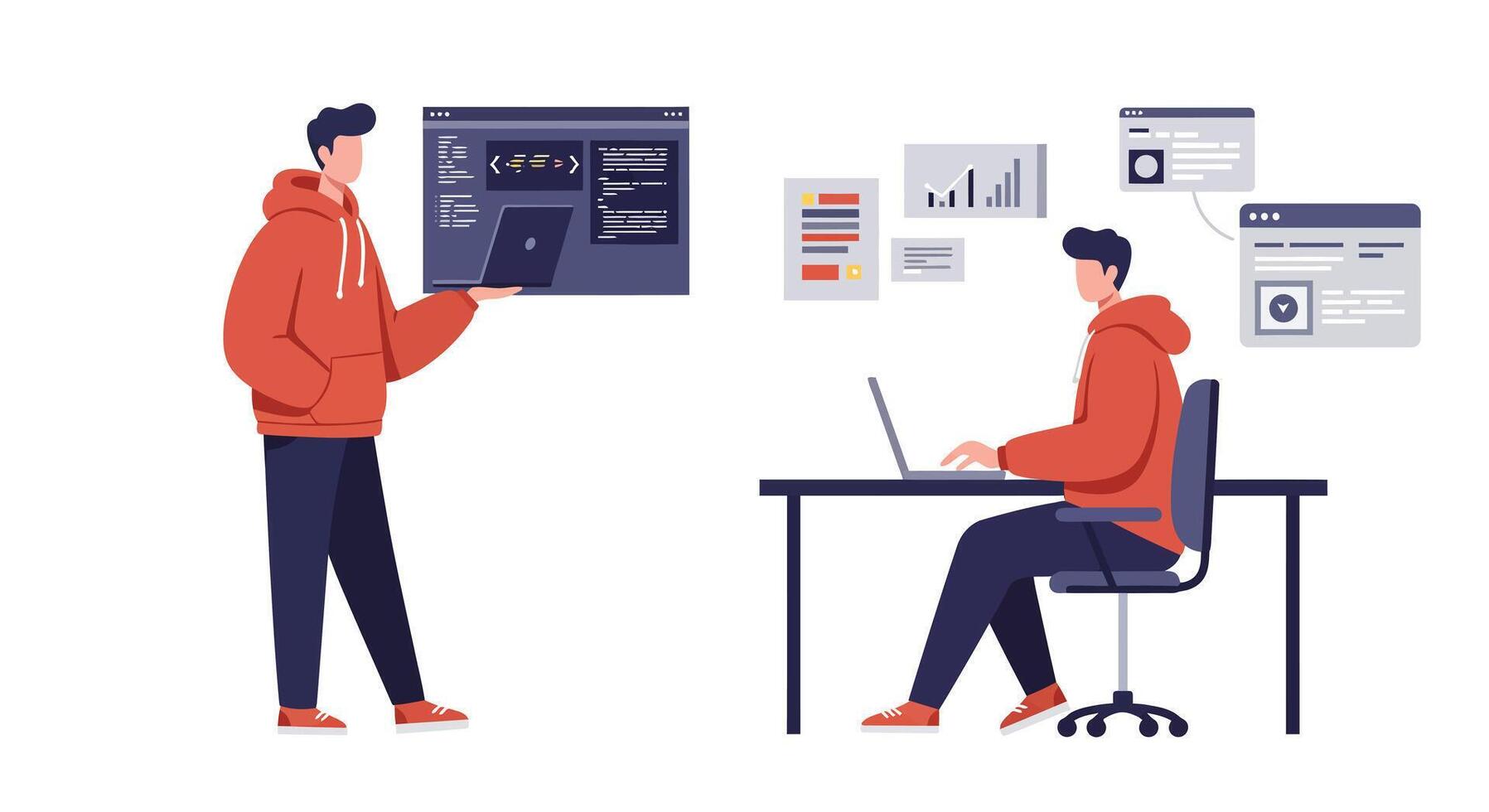 Person working on computer with graphs in flat illustration style vector