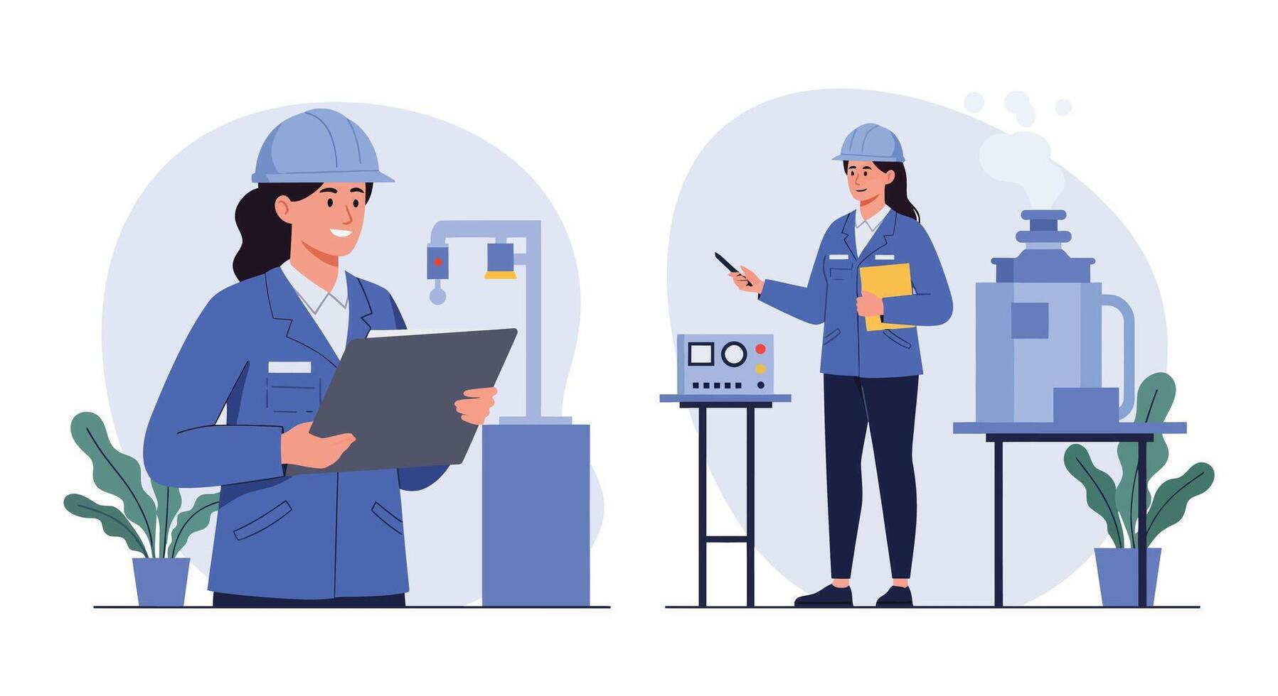 Engineer with clipboard observing machinery in minimal flat illustration vector