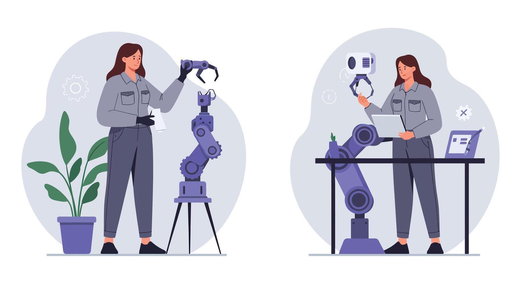 Woman interacting with robotic arm in flat illustration style vector