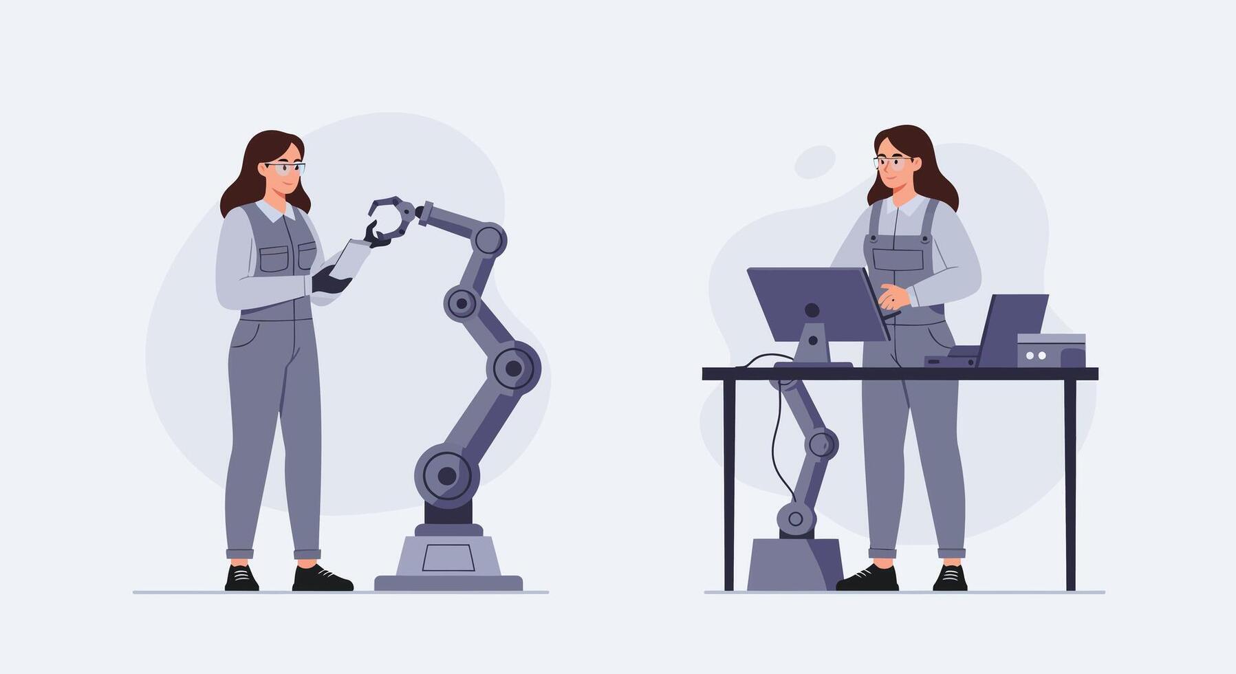 Robot interaction scene with female engineer in flat art vector