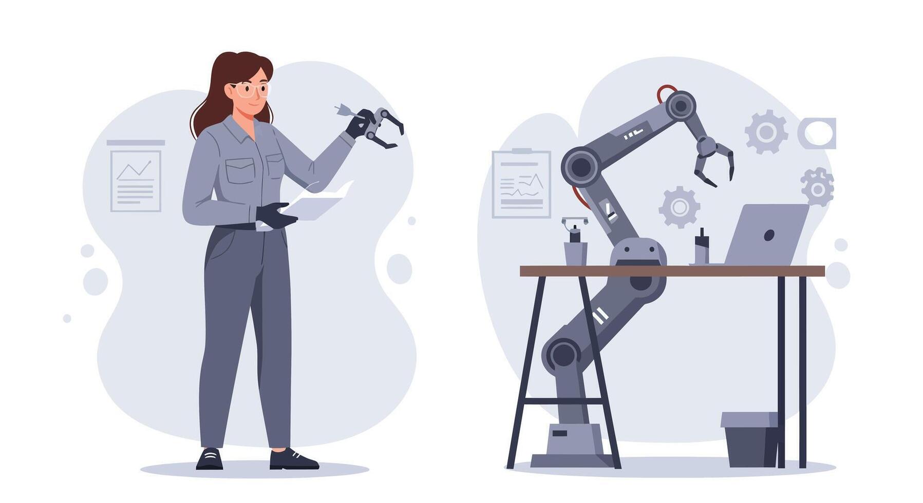 Woman interacting with robotic arm in a modern workspace flat illustration vector