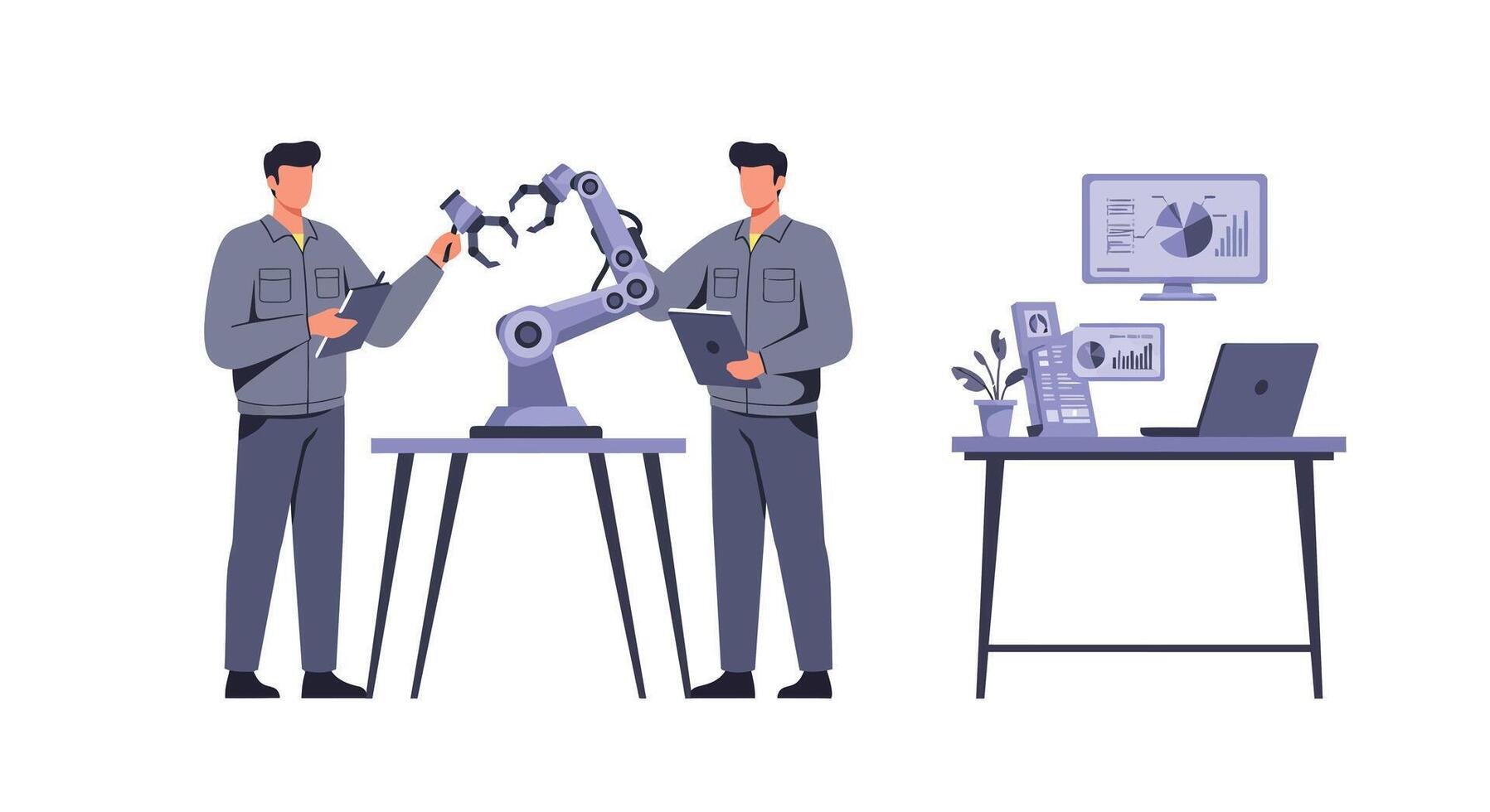Two technicians interacting with a robotic arm in flat art style vector