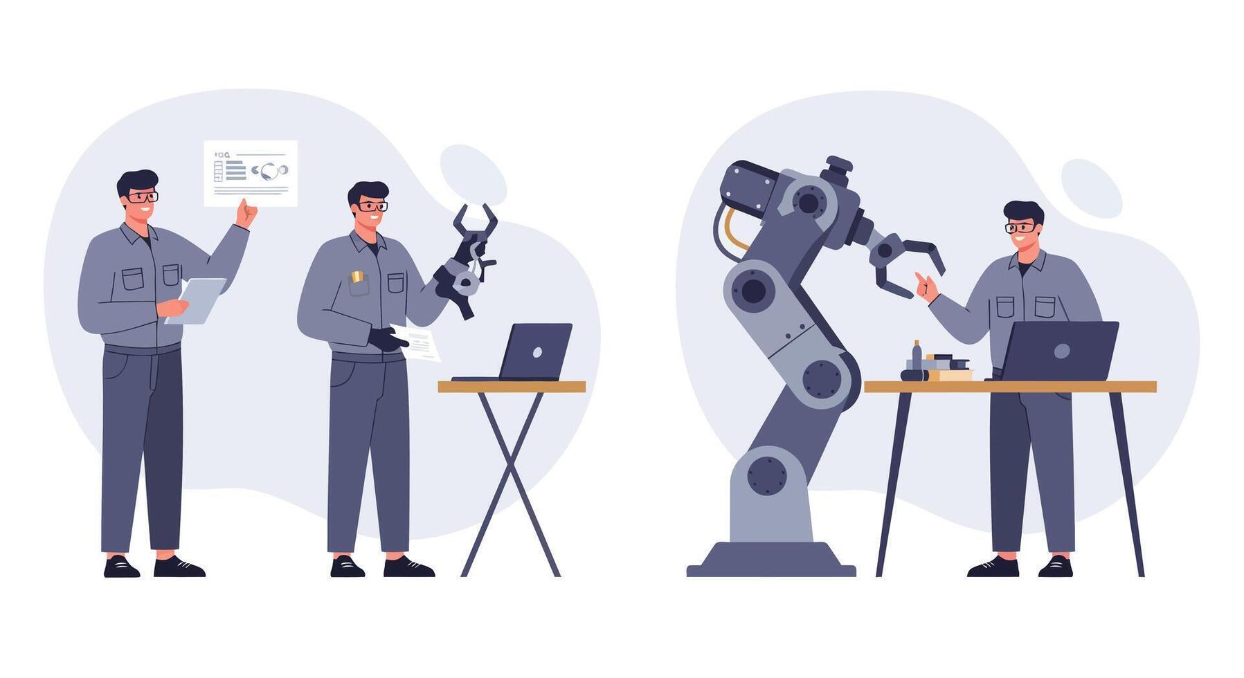 Robot interaction in modern workplace minimal illustration vector