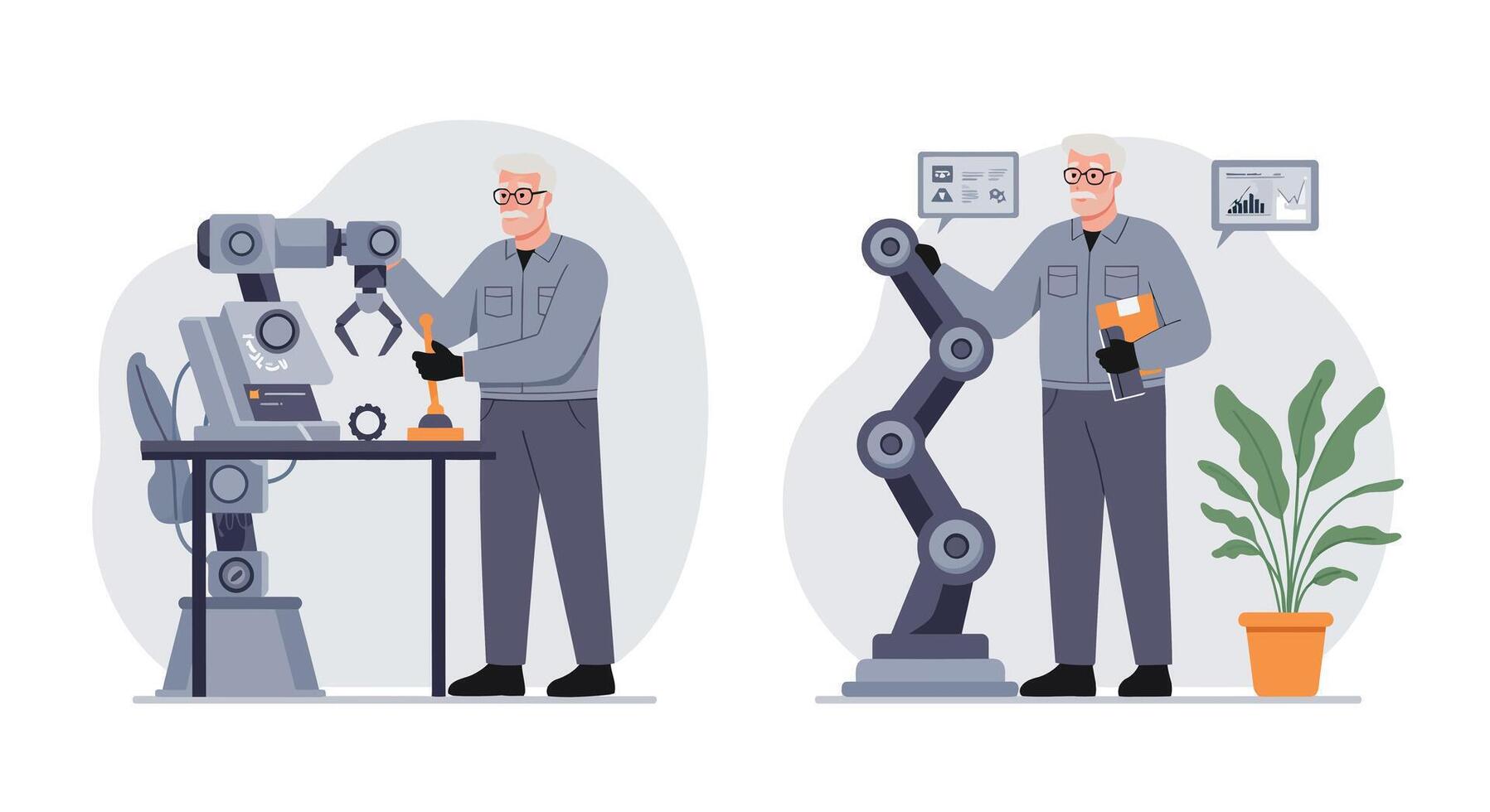 Industrial worker interacting with robotic arm in flat illustration vector