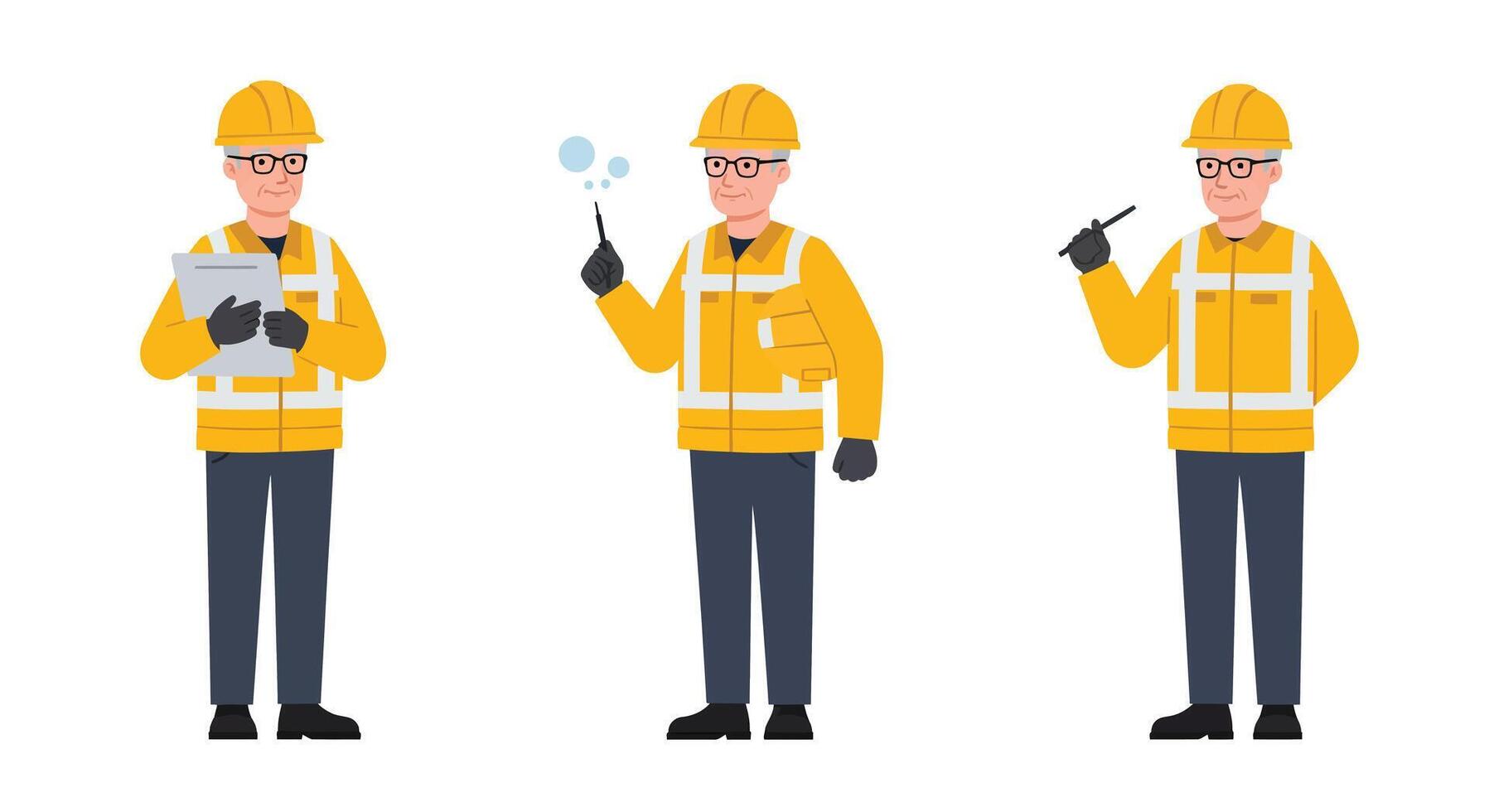 Construction worker character in flat design style showcasing three different poses in illustration vector