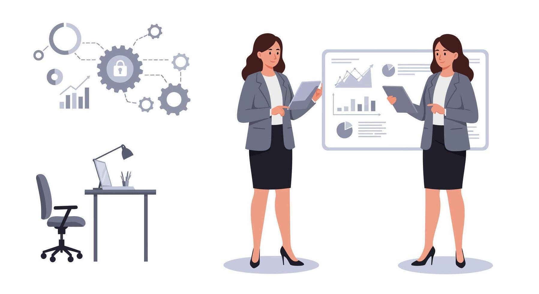 Businesswoman presenting data with digital charts in flat art vector