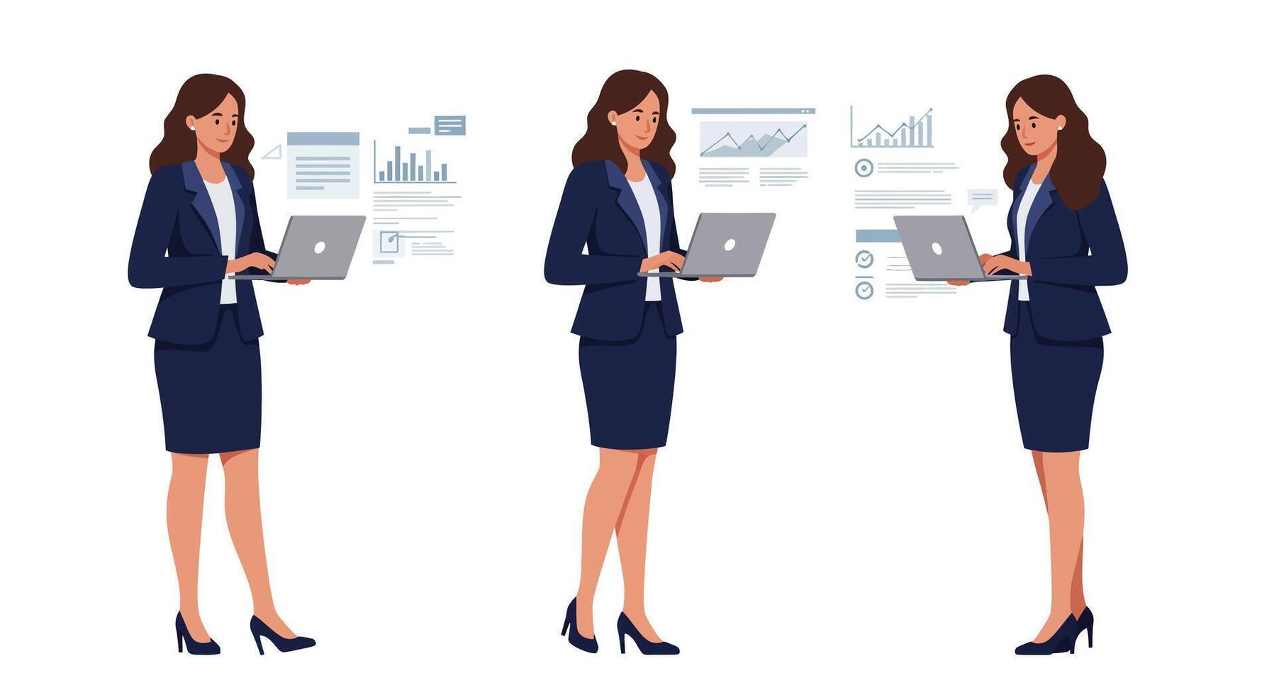 Professional businesswoman using laptop in flat illustration with data visualizations and graphs vector