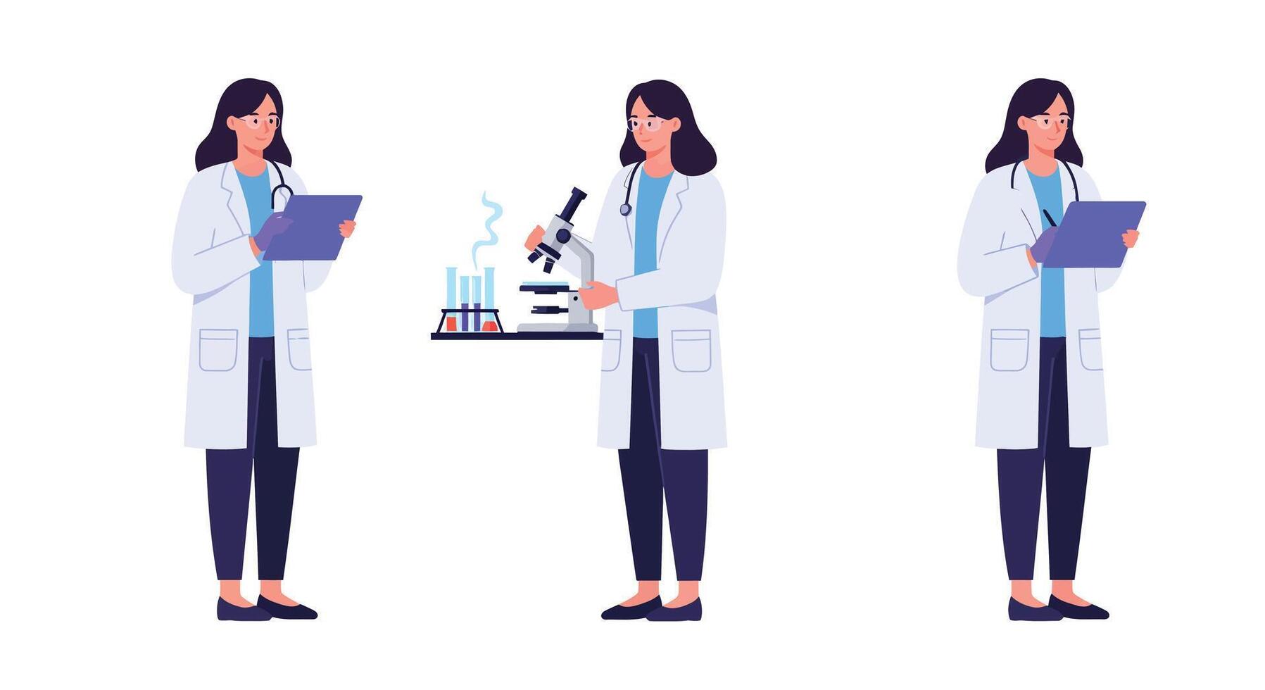 Scientist in lab coat analyzing data with flat art style illustration vector