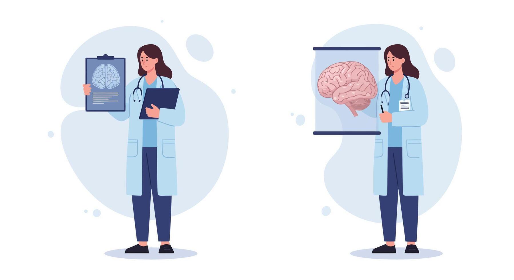 Doctor holding medical report transitions to displaying brain diagram in flat illustration vector
