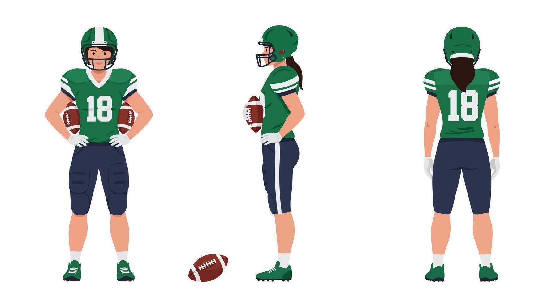 Female football player in three poses with minimal flat design art vector
