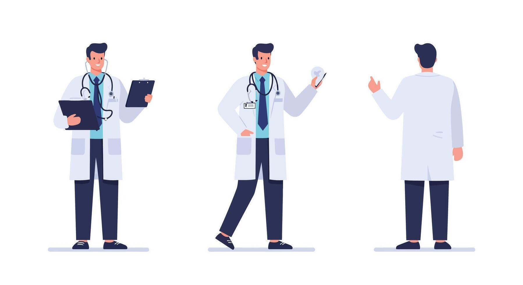 Doctor character in three poses with flat design style illustration vector