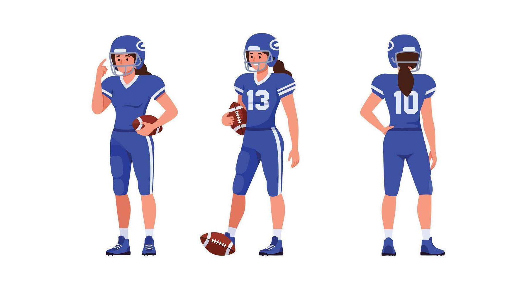 Female football player in various poses with flat design style art vector