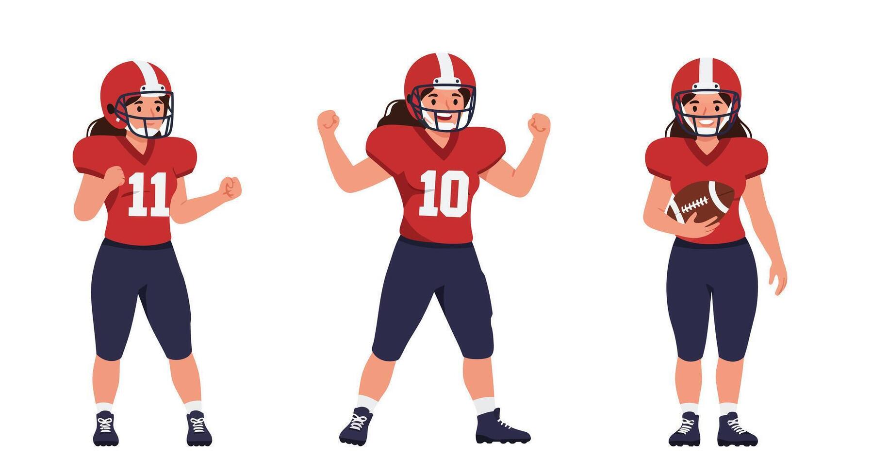 Female football player in three poses showcasing flat illustration style art vector
