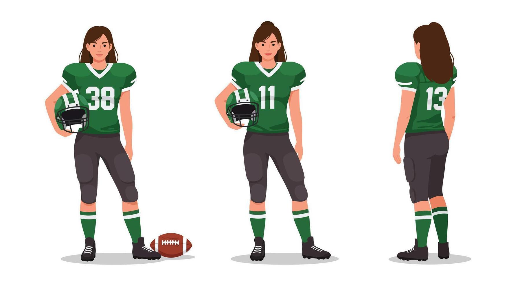 Female football player character design in flat style showcasing three different poses art vector