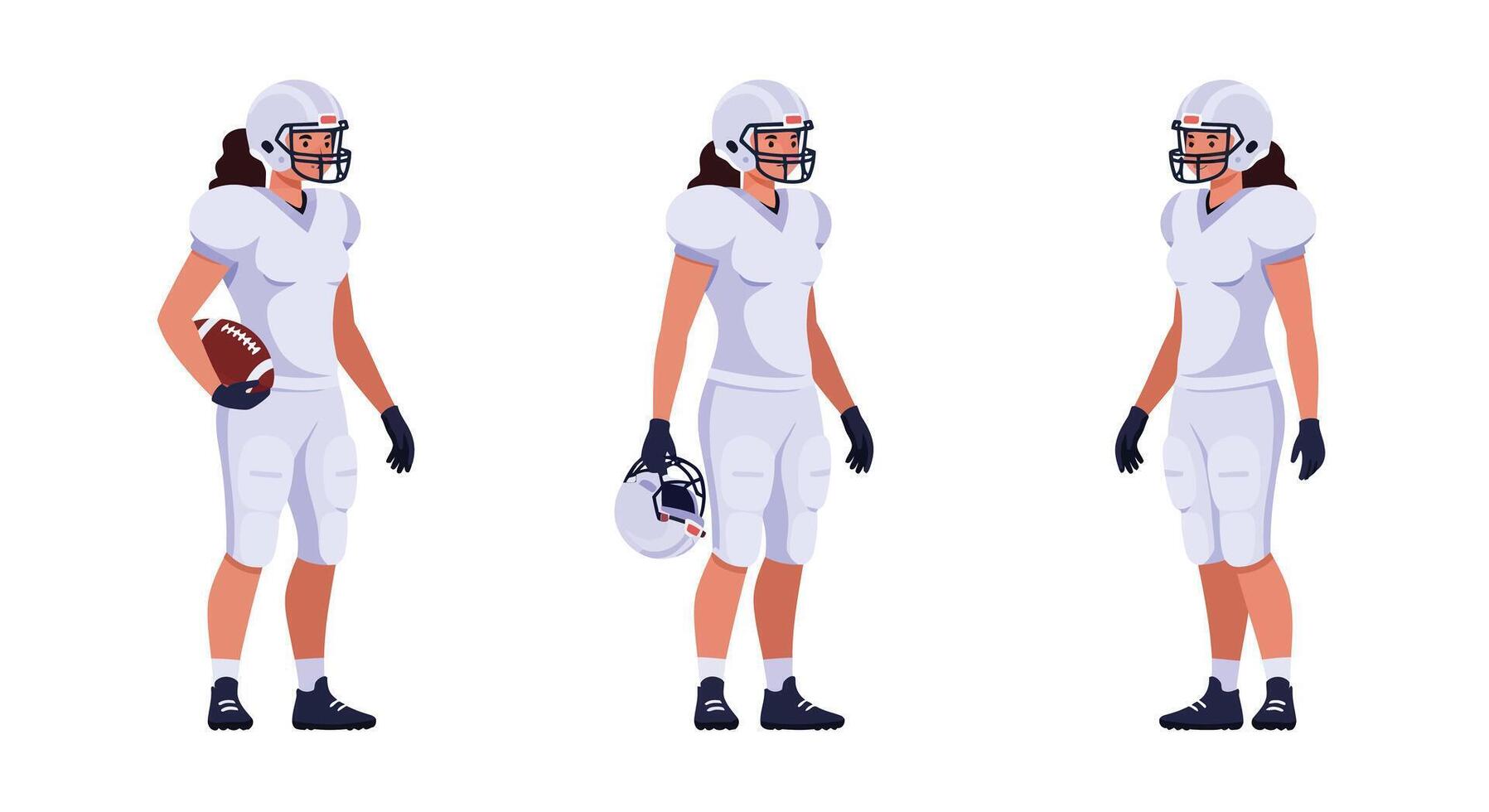 Football player in action poses with helmet and ball in flat illustration vector