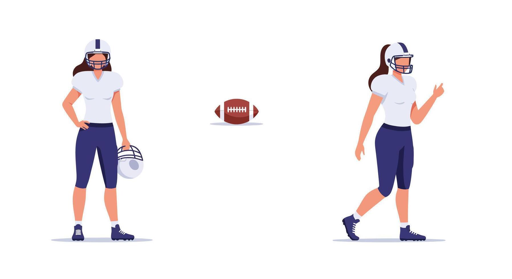 Female football player in action with helmet and ball, flat illustration vector