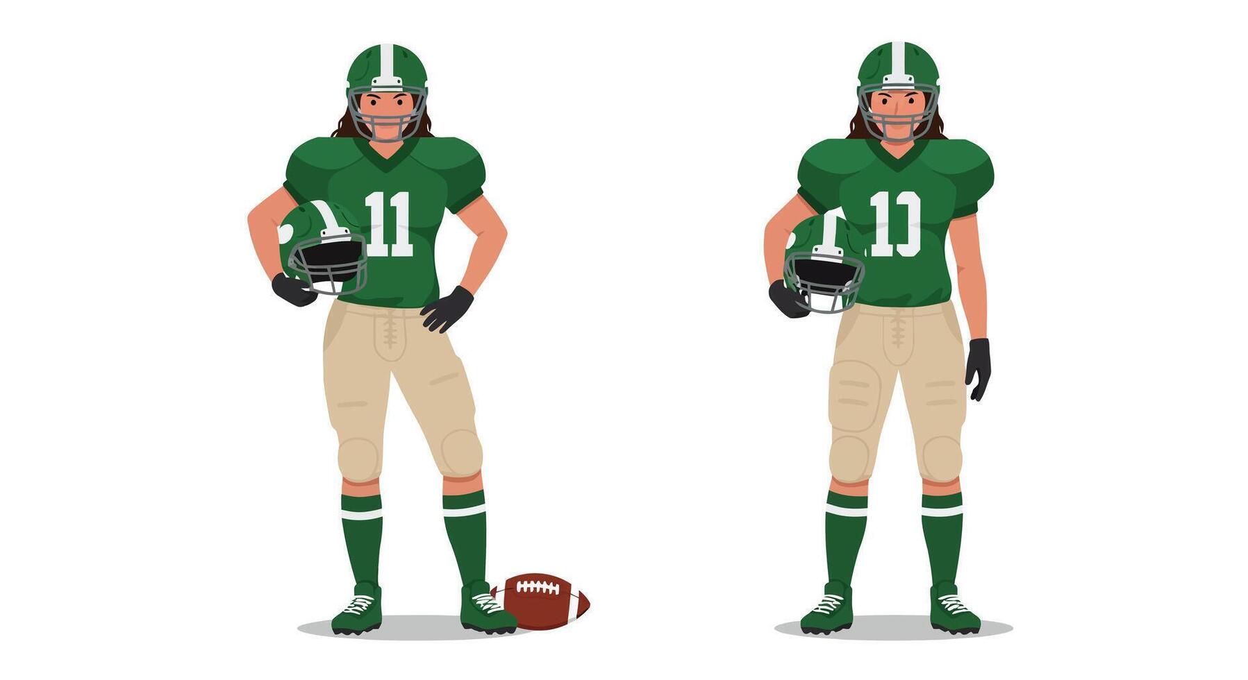 Football players in green uniforms transitioning from posed stance to holding helmets in flat art vector