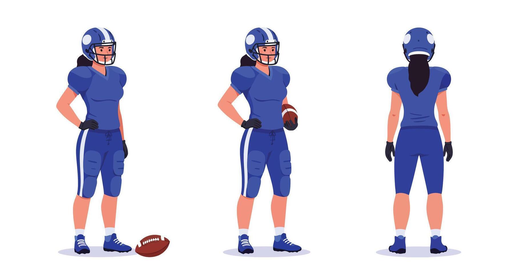 Female football player standing in three poses with flat illustration style vector