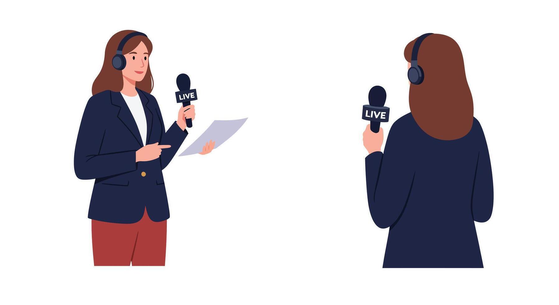 Female reporter holding microphone in two angles with flat minimal art vector