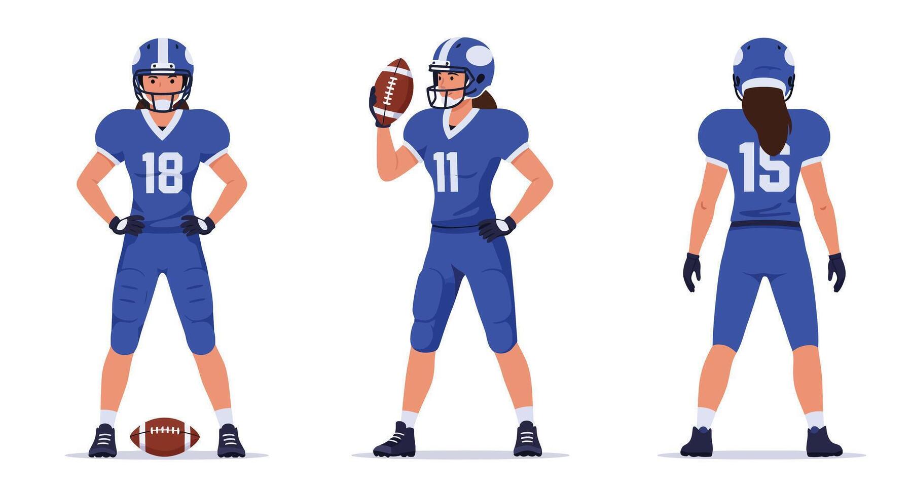 Football player character design in flat style showcasing three dynamic poses illustration vector