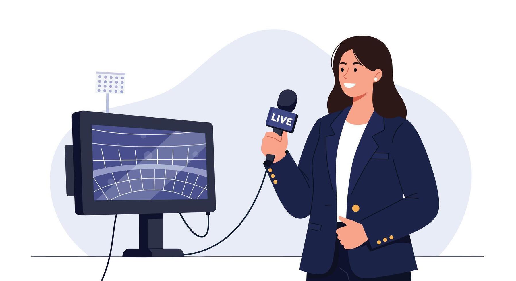 Female reporter holding microphone in front of monitor flat art vector
