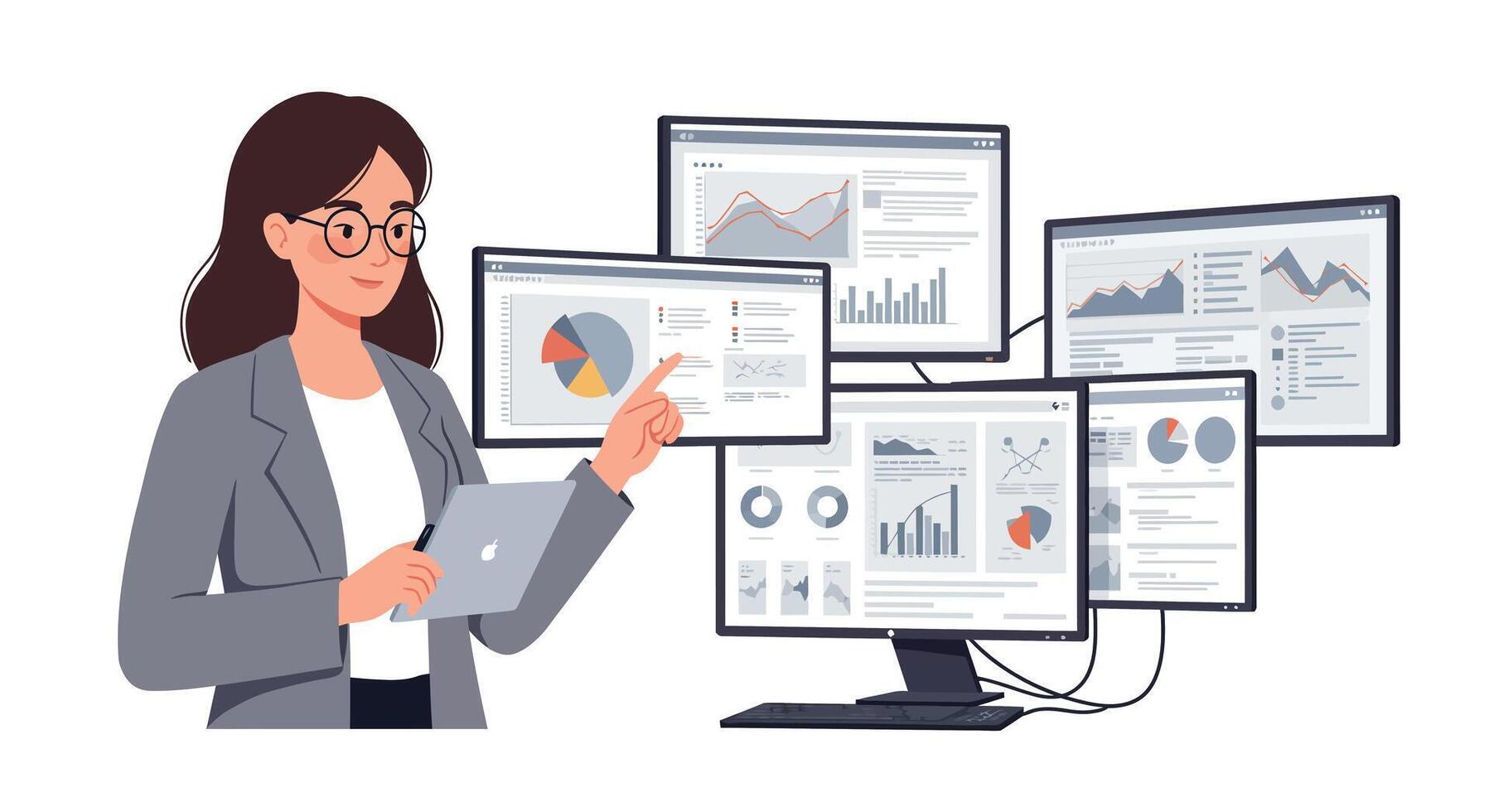 Businesswoman analyzing data on multiple screens in flat illustration vector