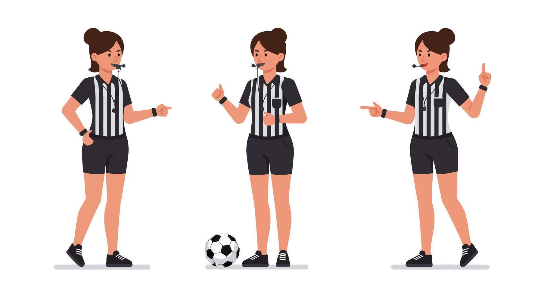 Female soccer referee in three poses, flat design style, illustration vector