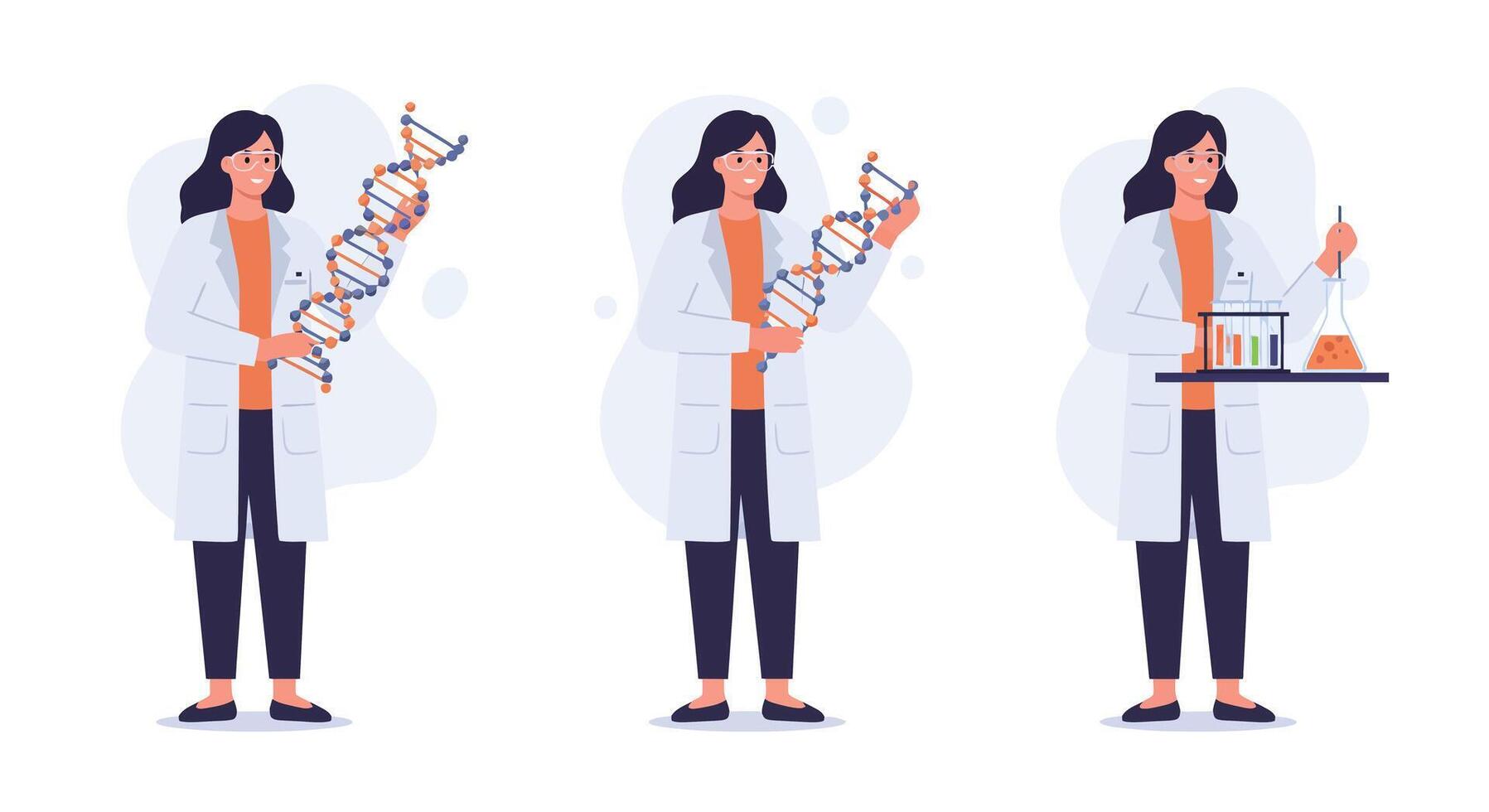 Scientist character performing experiments in flat art style transitioning between frames vector
