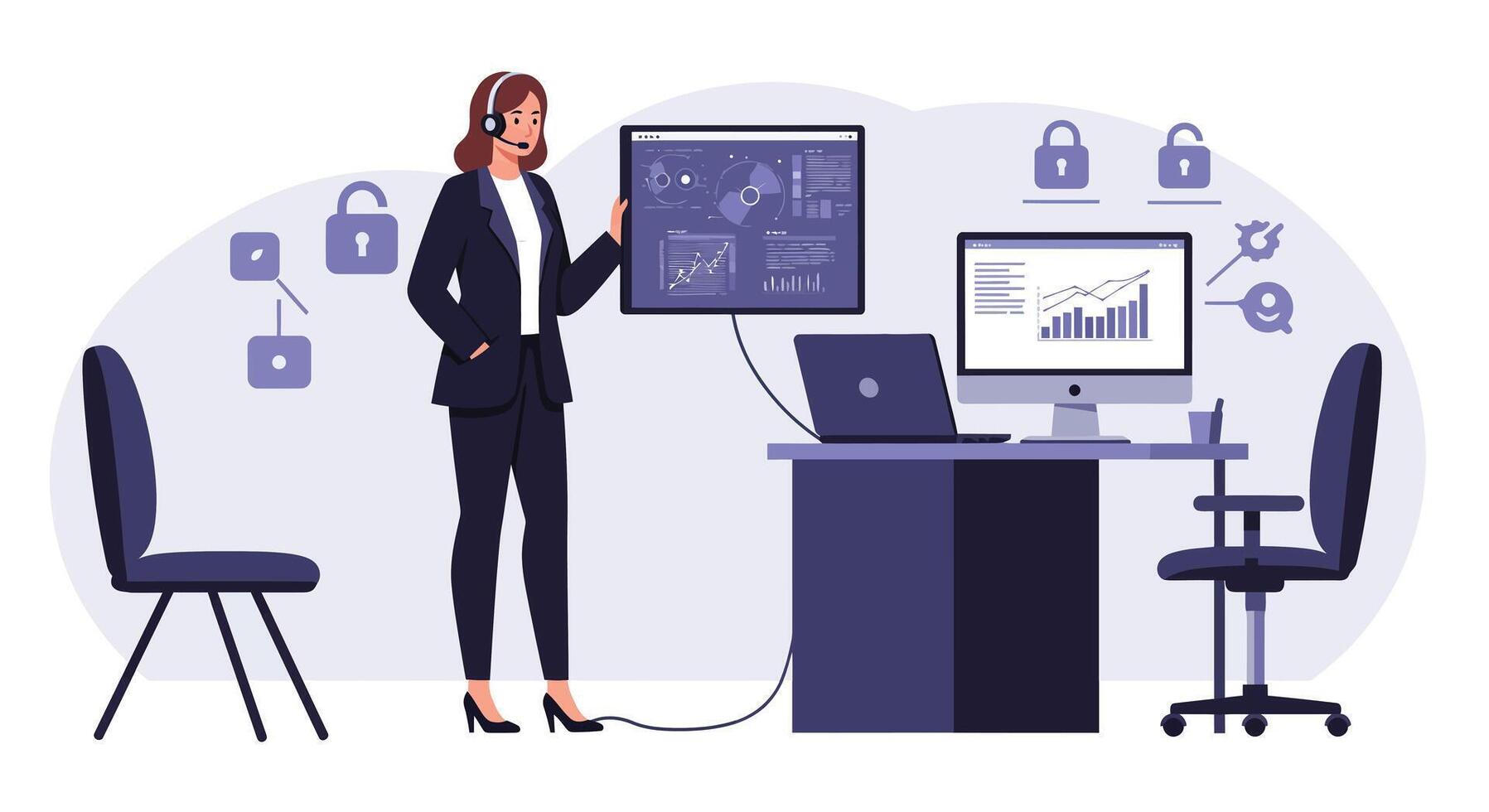 Businesswoman in office setting with technology elements in flat art vector