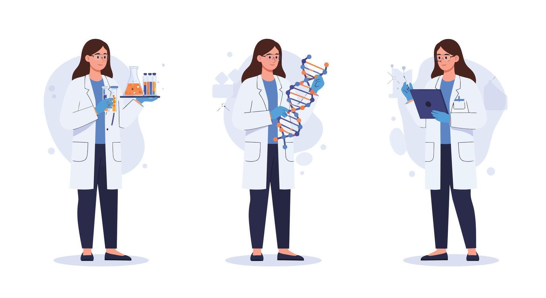 Scientist conducting experiments in flat art style showcasing various research activities in three frames vector