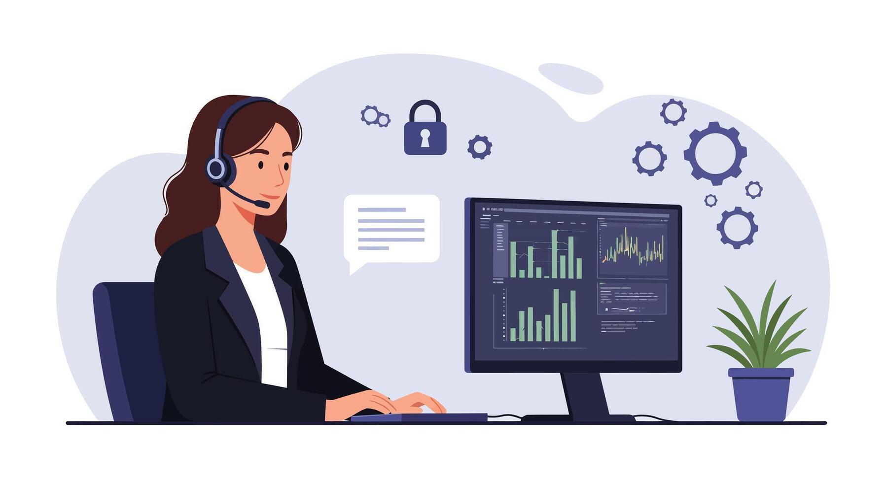 Businesswoman working with headset on computer in flat art vector