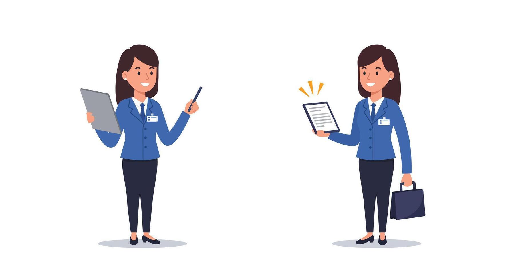 Professional woman transitioning from tablet to document in flat illustration vector