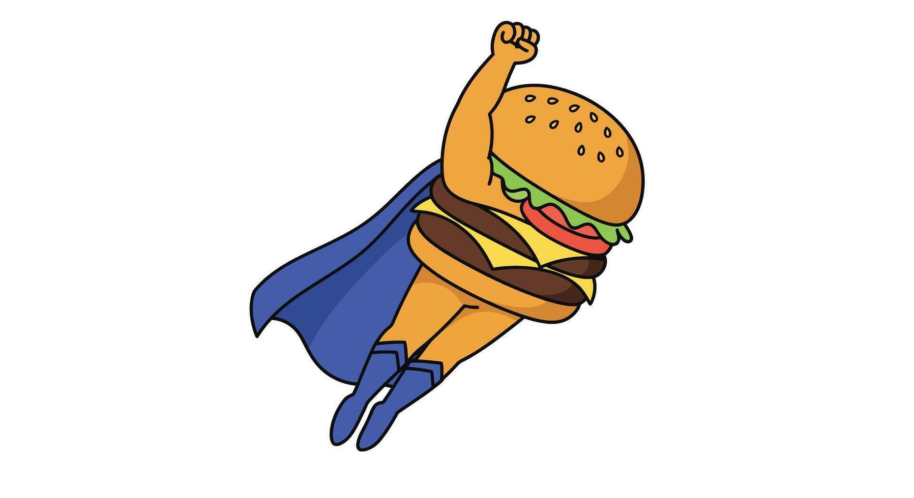 Heroic hamburger character flying in vibrant flat design art vector
