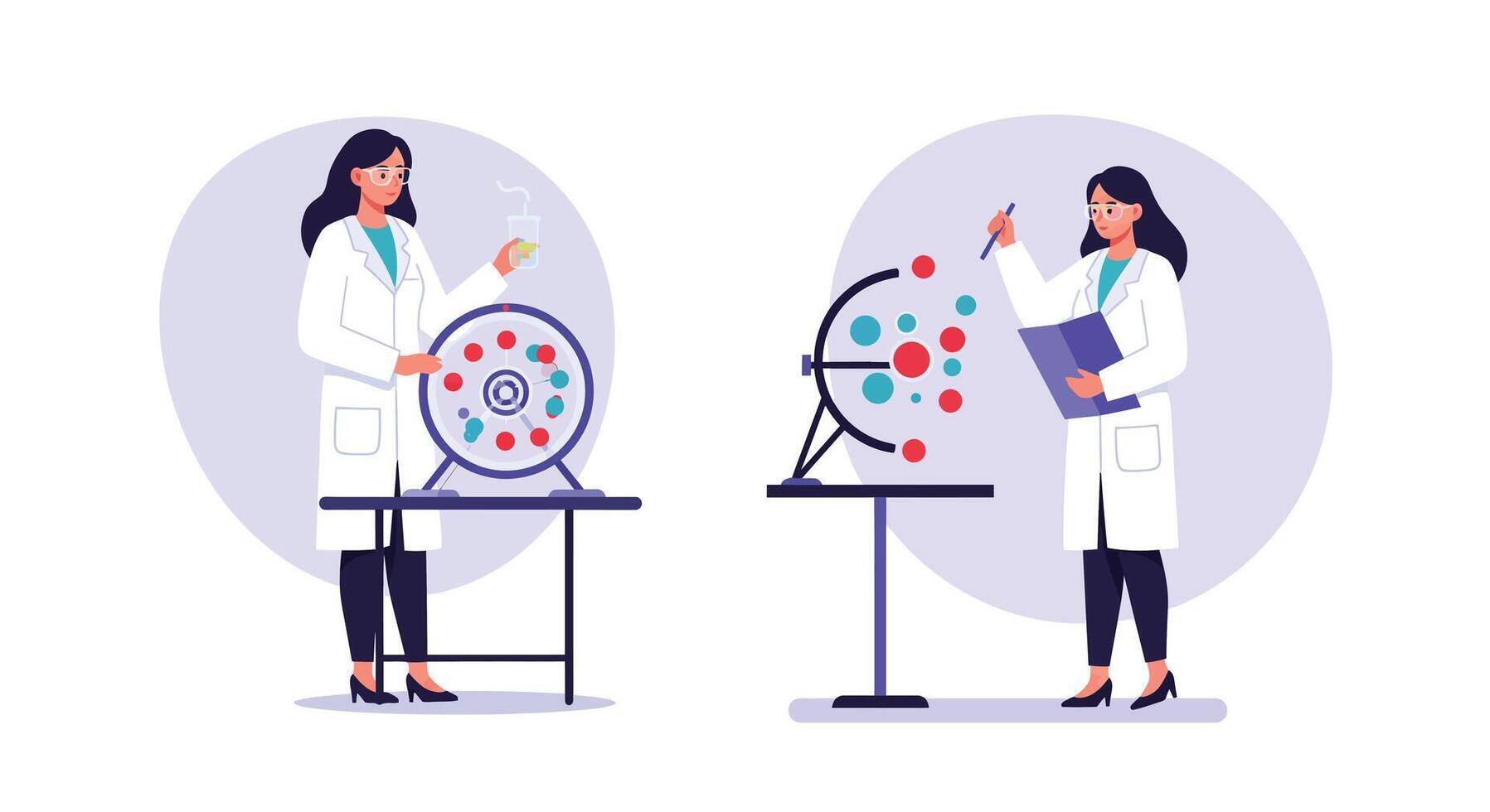 Scientist working with molecular model changing to data analysis in flat illustration vector