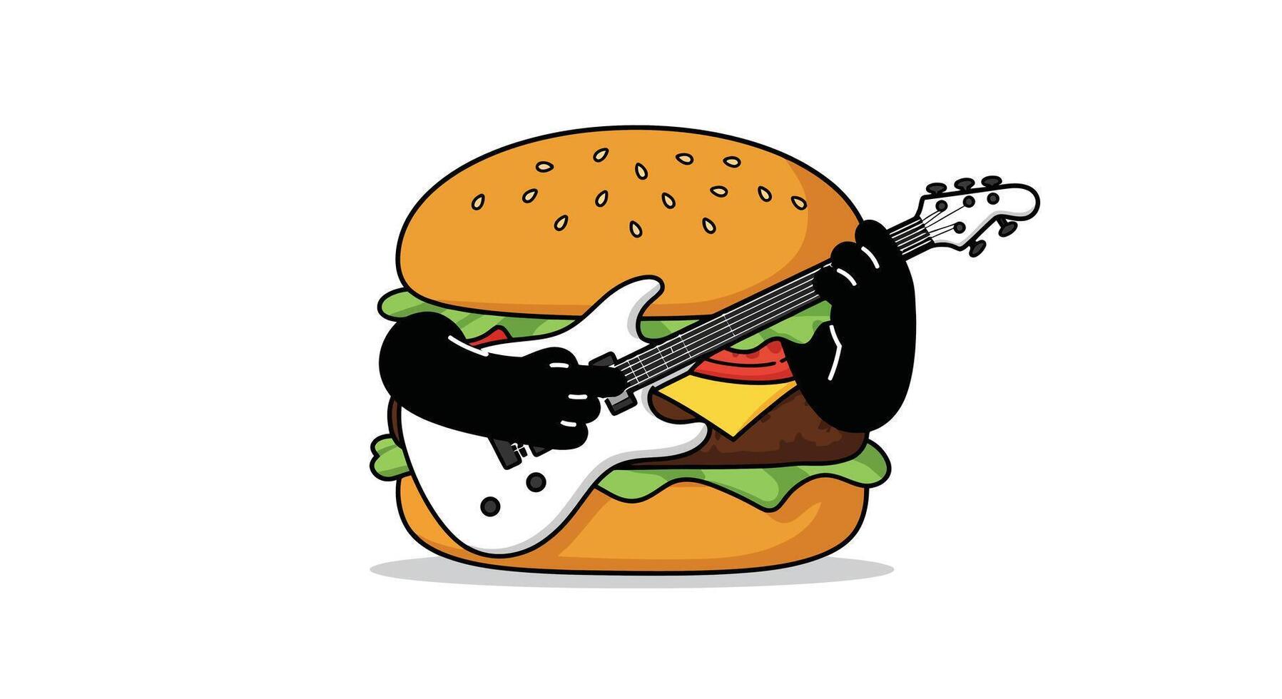 Cartoon hamburger character playing guitar in a playful, colorful, flat illustration vector