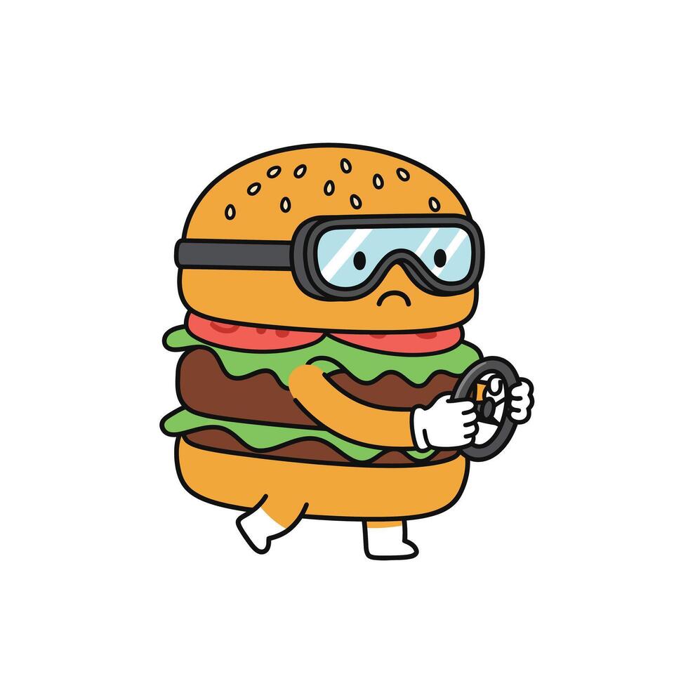 Hamburger character with goggles driving a steering wheel in flat art vector