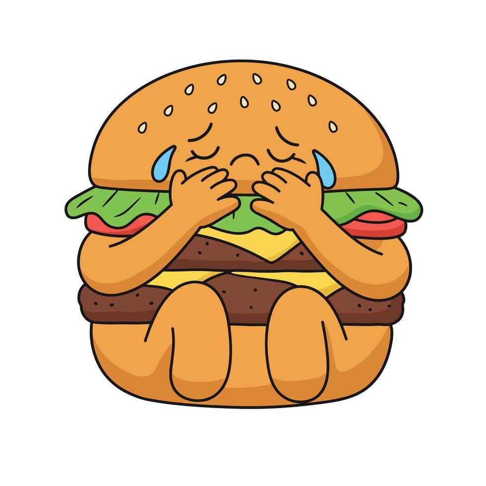 Sad burger character expressing emotions in flat design style illustration vector