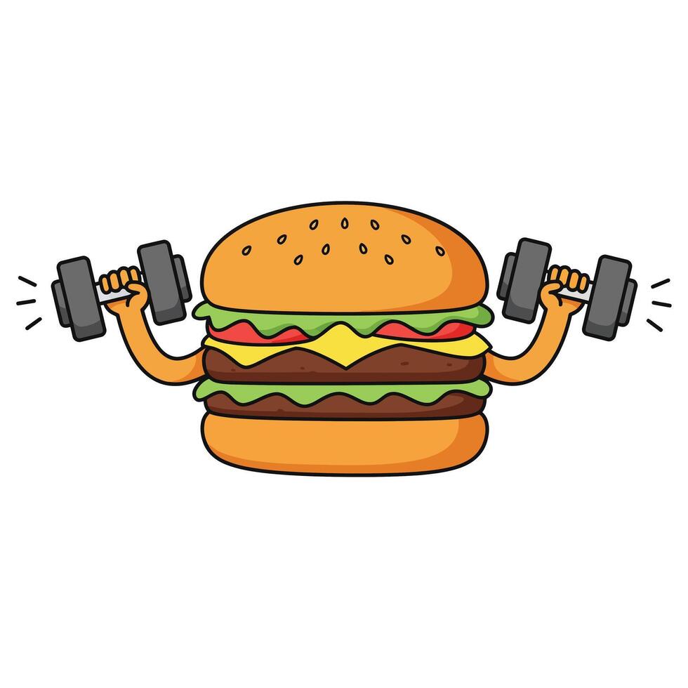 Hamburger lifting dumbbells in a playful flat design style art vector