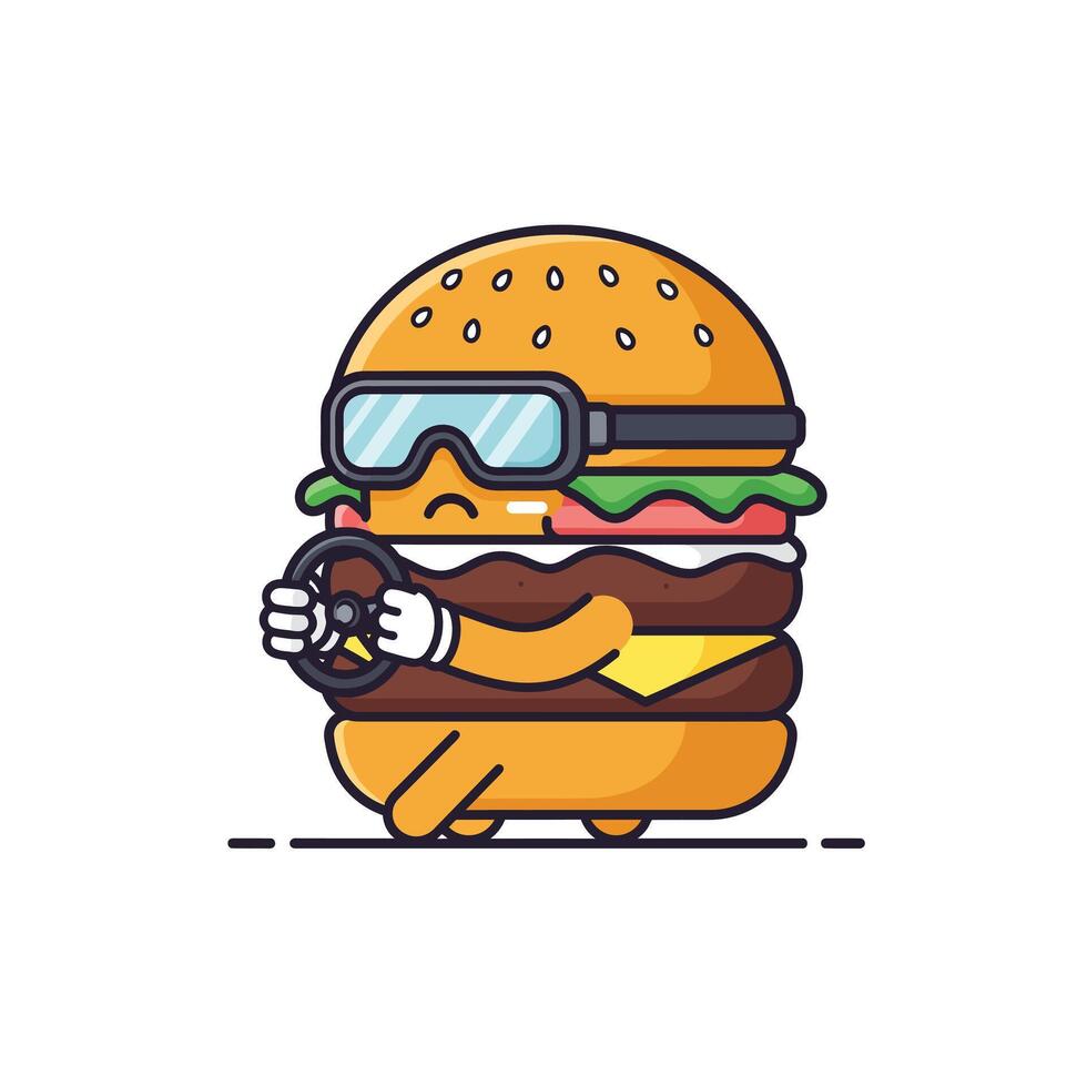 Burger character driving a car in a playful flat design illustration vector