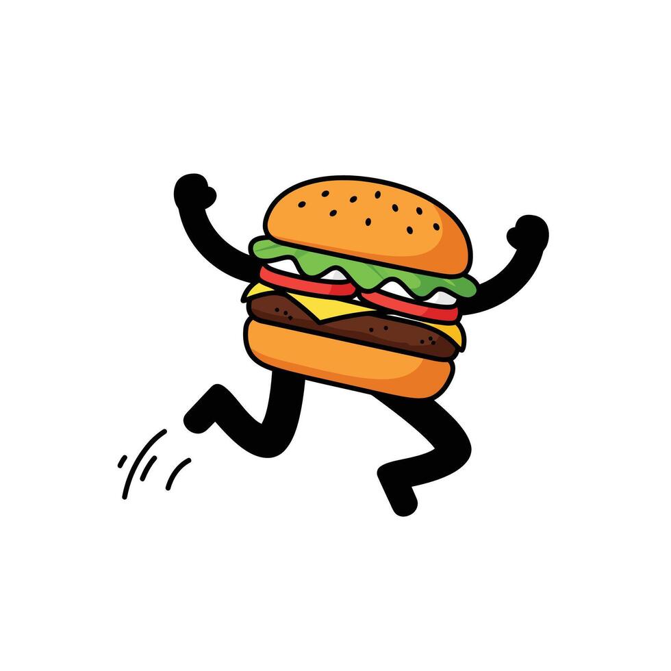 Happy cartoon burger character running in flat style art vector