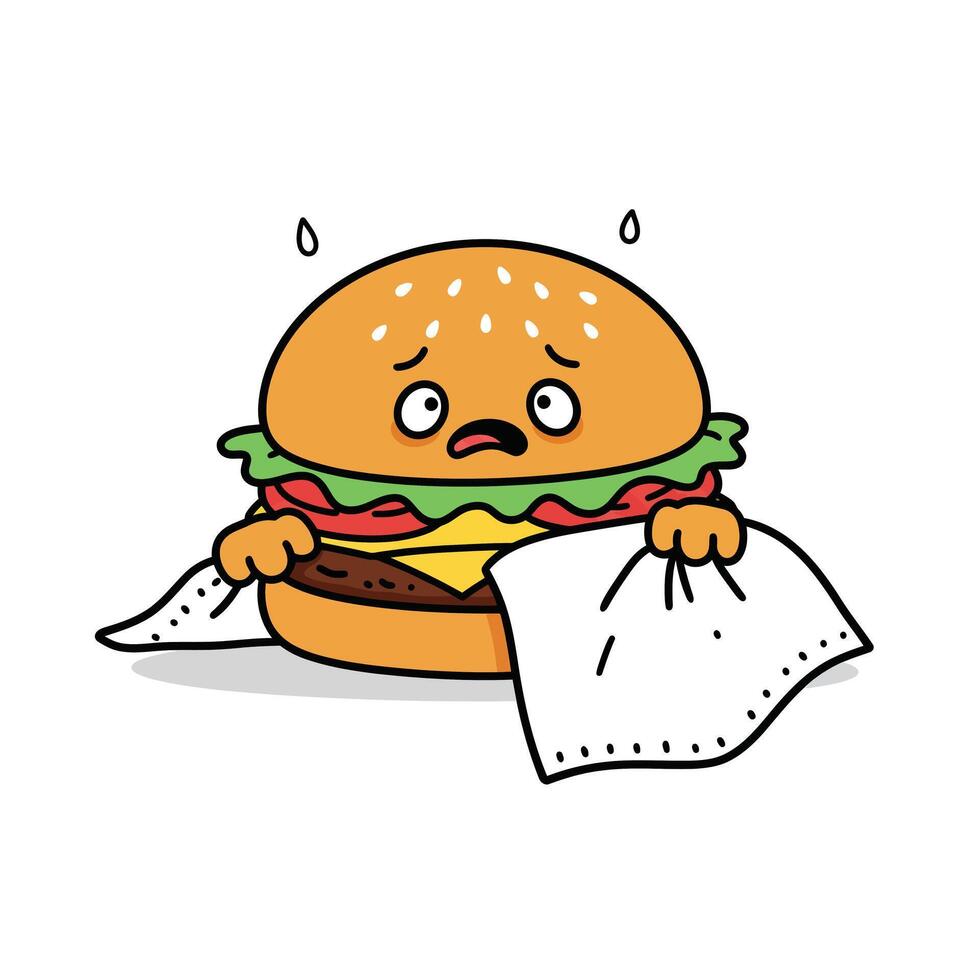 Cartoon burger character with worried expression in flat art style illustration vector