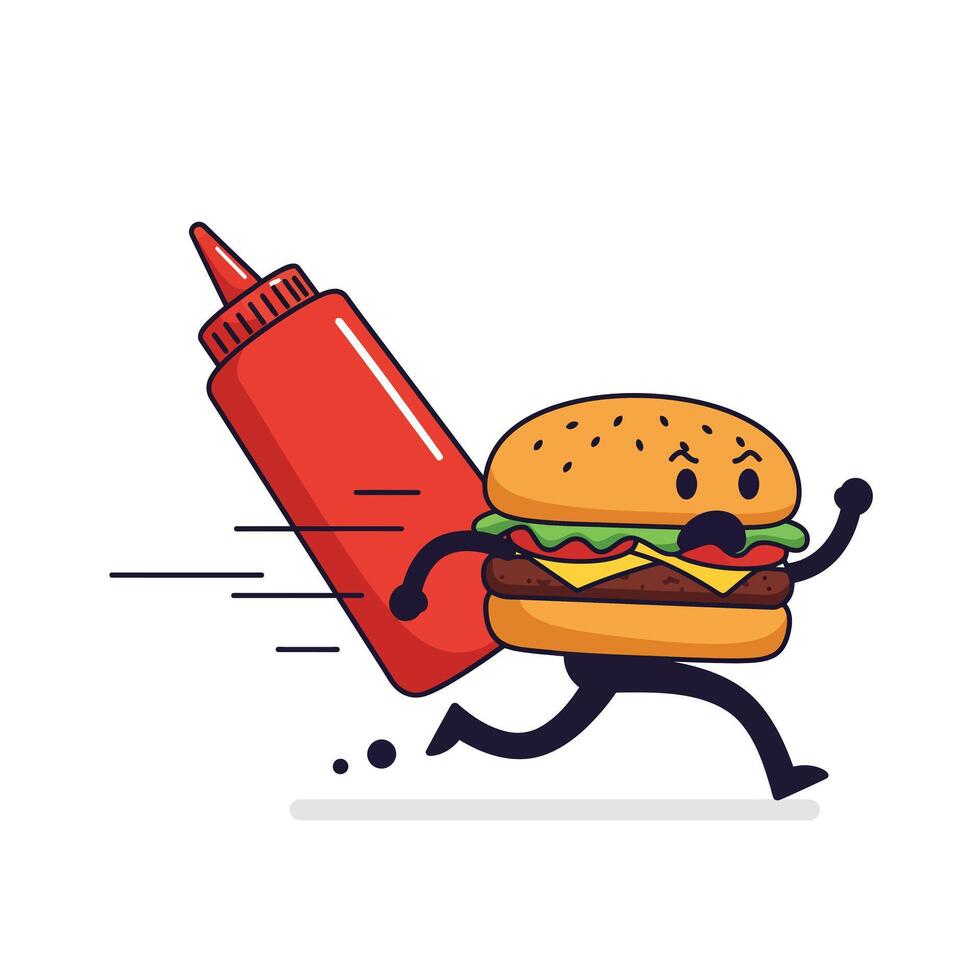 Animated hamburger character running with a ketchup bottle in flat art vector