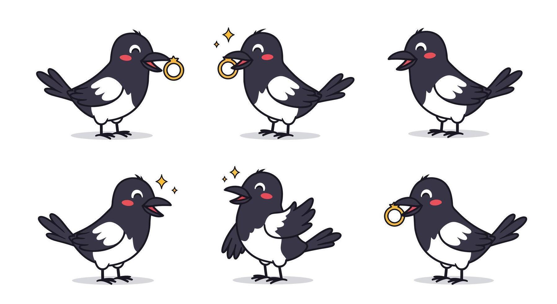 Animated birds showcasing joyful expressions and actions in flat art vector