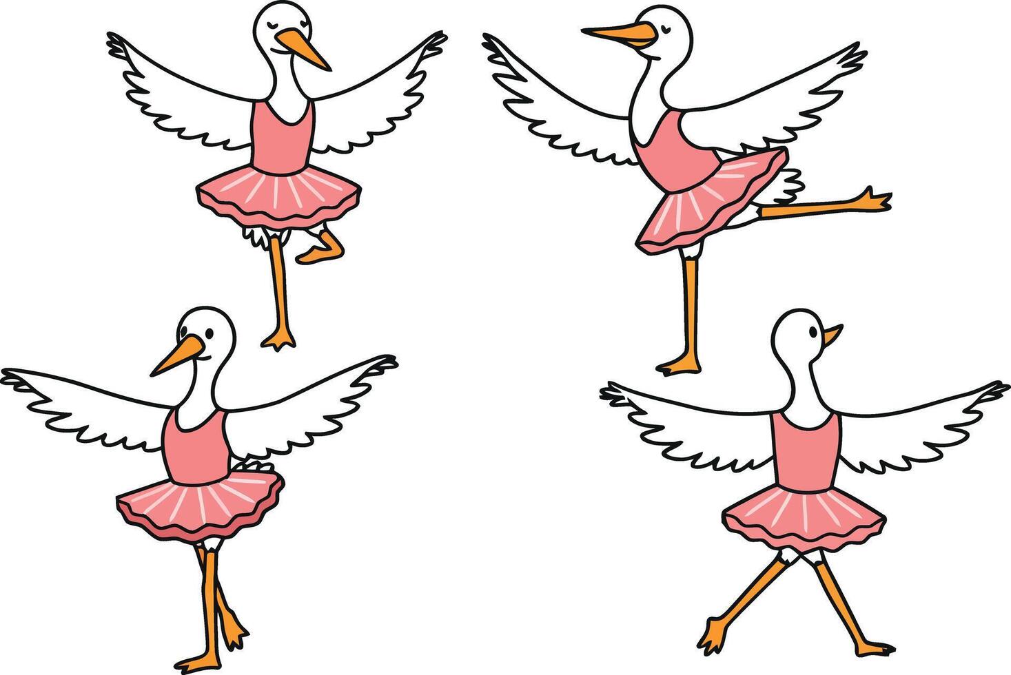 Dancing swans in pink tutus performing ballet moves flat art vector