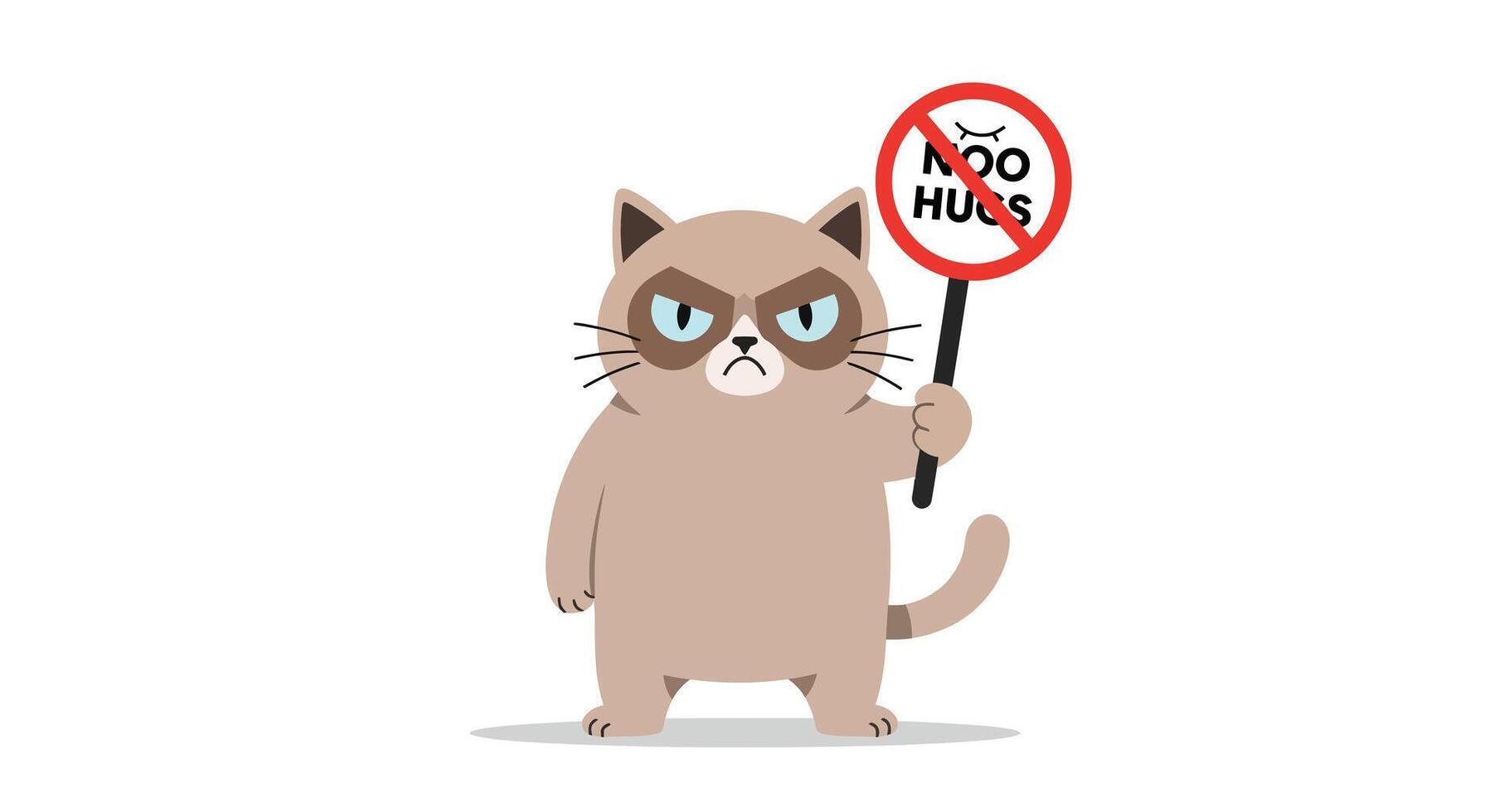 Cat holding a sign with a warning against hugs in flat art vector
